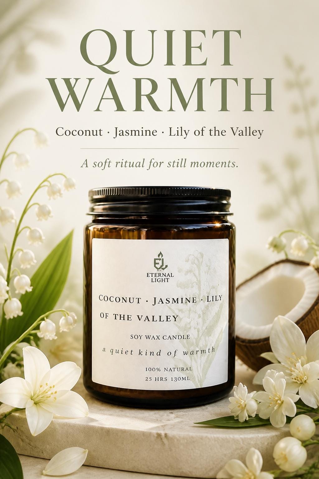 Luxury soy wax candle with coconut, jasmine and lily of the valley scent in a botanical display.