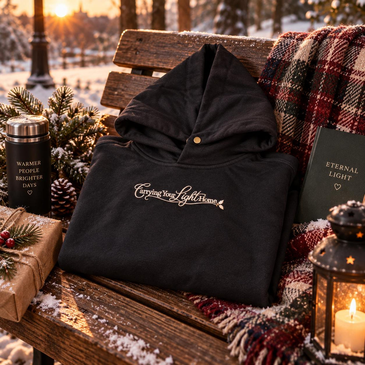 Black Carrying Your Light Home embroidered hoodie displayed in a cosy winter setting with festive greenery on a park bench.