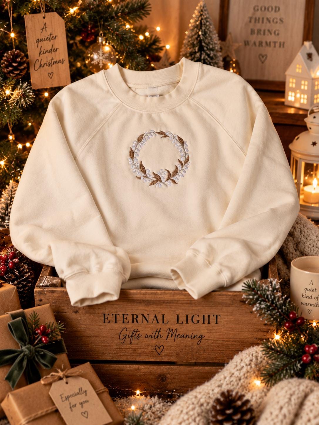Ecru Lily of the Valley wreath embroidered sweatshirt styled in a cosy winter setting.