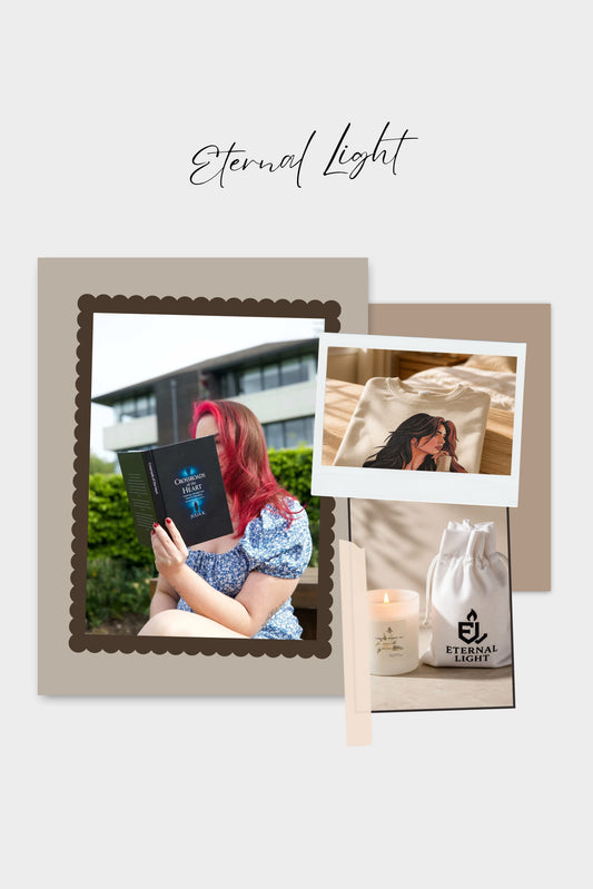 Collage featuring a scented candle, the Crossroads of the Heart novel and Anna Bookish Sweatshirt.