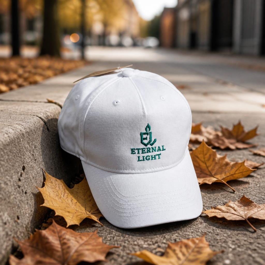 White organic cotton baseball cap with green Eternal Light embroidered logo styled with warm autumn leaves.