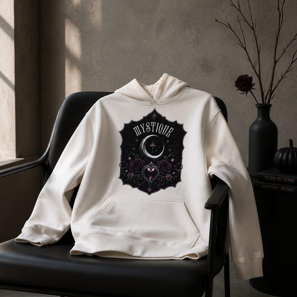 Mystique alternative style hoodie for tweens with crescent moon floral and star details, placed on a black leather chair by a window.