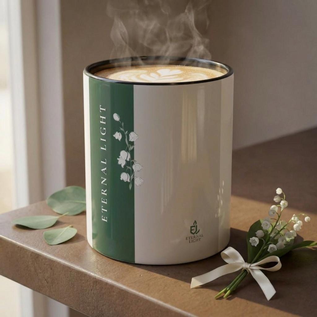 The Lily of the Valley Signature Collection ceramic mug sitting on a brown concrete shelf, accented by a fresh sprig of lily of the valley flowers and green eucalyptus leaves.