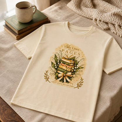 She Lives Between Pages T-Shirt | Bookish 280 GSM
