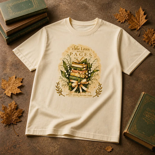 She Lives Between Pages T-Shirt | Bookish 280 GSM