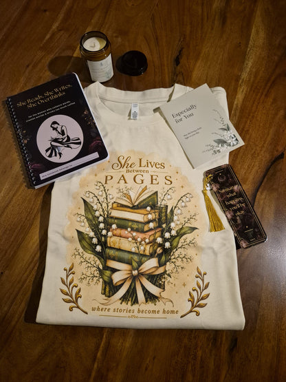 She Lives Between Pages T-Shirt | Bookish 280 GSM