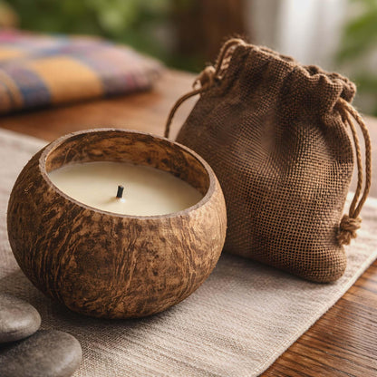 Candle in a coconut shell with a drawstring bag on a wooden surface
