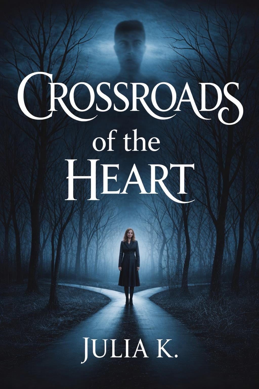 May include: Book cover for "Crossroads of the Heart" by Julia K. A woman in a black coat stands on a path splitting into two. The title is in white, with a ghostly figure in the background, set in a dark forest.