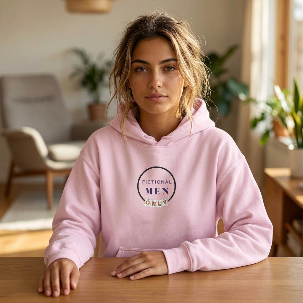 Woman wearing embroidered "Fictional Men Only" light pink sweatshirt with cozy bookish aesthetic.