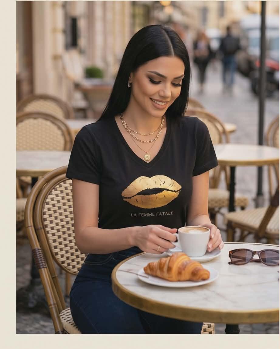 Fashionable young woman enjoying a cuppa coffee and a croissant, wearing luxury inspired La Femme Fatale black v-neck tee