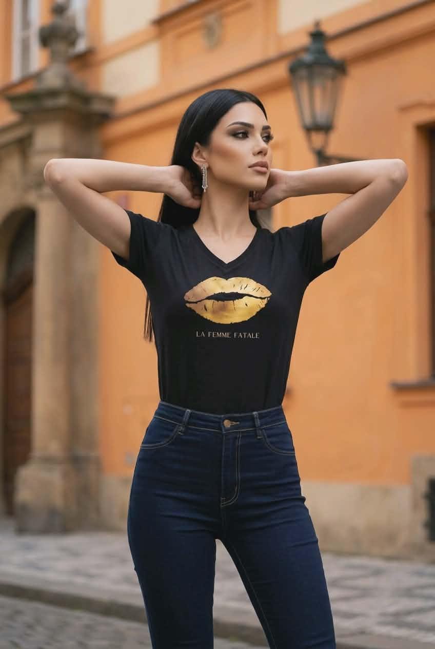 Stylish confident woman wearing minimalist black t shirt with gold lips fashion artwork