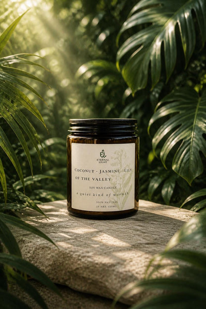 An amber glass jar candle sitting on a rough stone surface, surrounded by lush green tropical palm leaves. Golden sunlight filters through the foliage, illuminating the cream label.