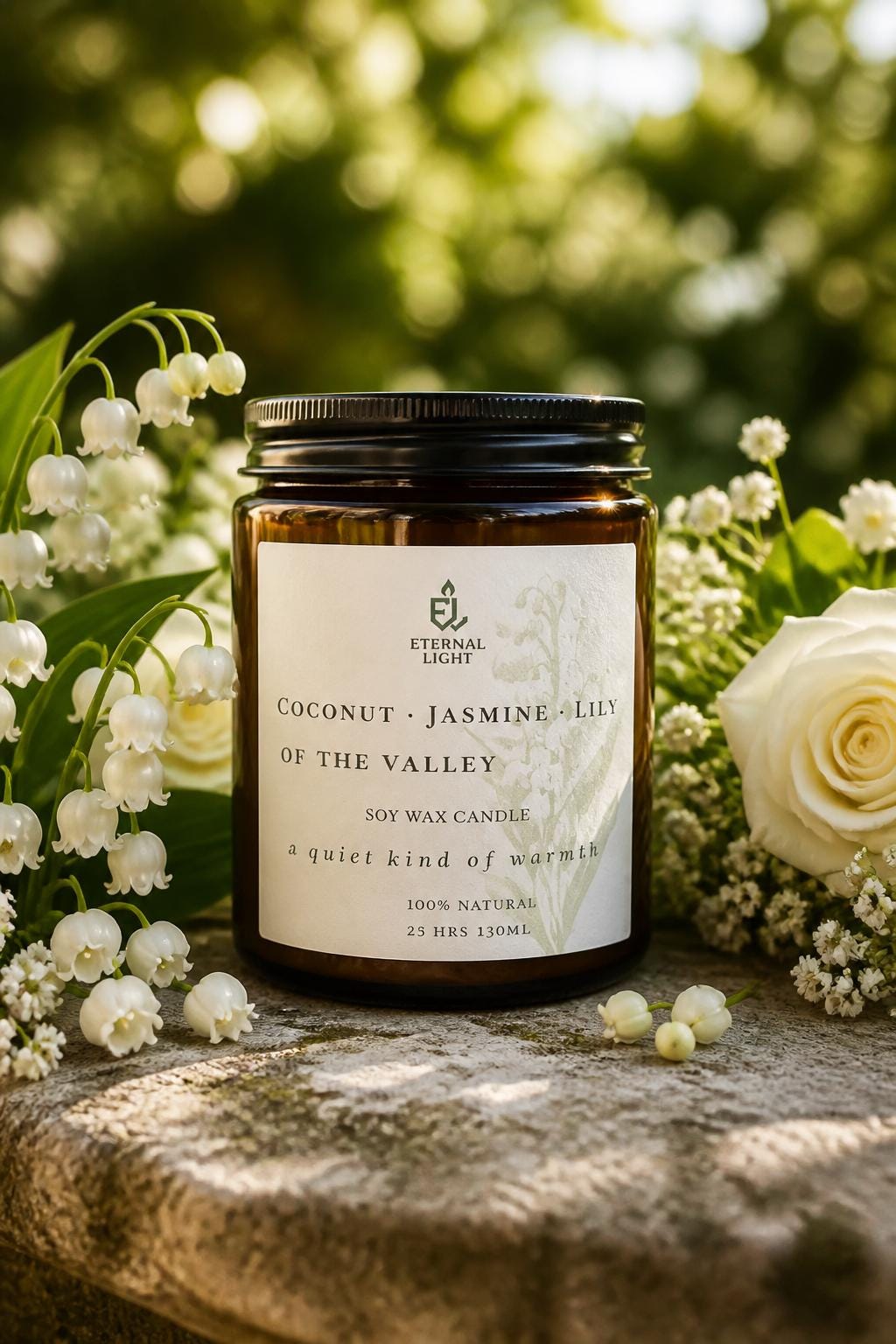 A minimalist amber glass jar candle with a black lid, styled outdoors on a stone ledge. It is surrounded by delicate white lily of the valley flowers and a cream rose under warm, natural sunlight.
