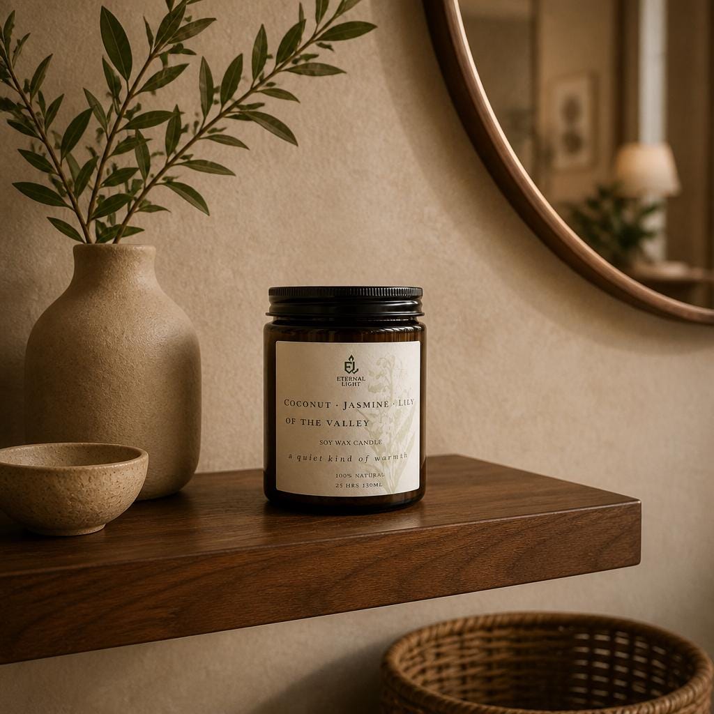 luxury wax soy candle in a cosy minimalist home decor.