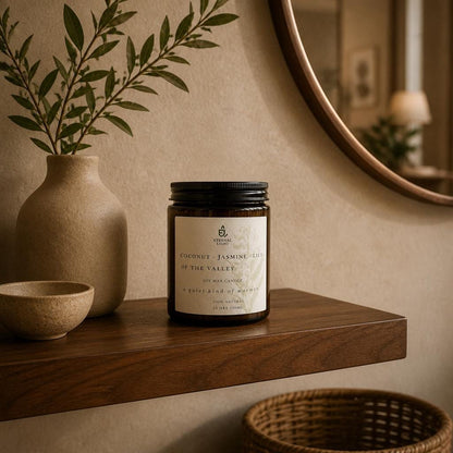 luxury wax soy candle in a cosy minimalist home decor.