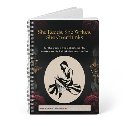 Black and gold spiral notebook for women who love reading and writing, featuring a writer illustration and personalised name space. She Reads, She Writes, She Overthinks journal.