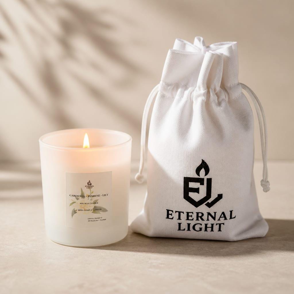 Luxury white scented candle with a soft gold Eternal Light label displayed beside a white cotton drawstring gift bag printed with the Eternal Light logo. The candle is lit and styled on a neutral beige background, creating a warm, elegant, and calming atmosphere.