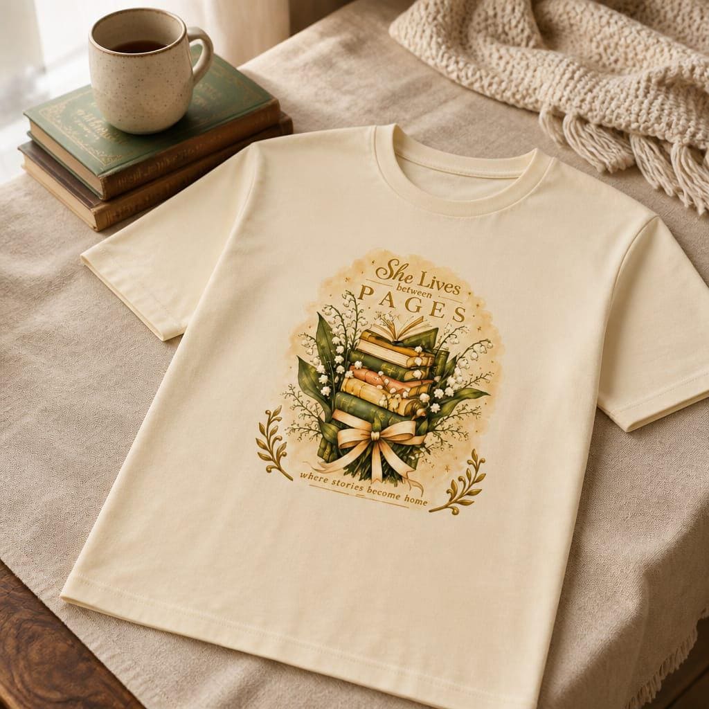 She Lives Between Pages T-Shirt | Bookish 280 GSM
