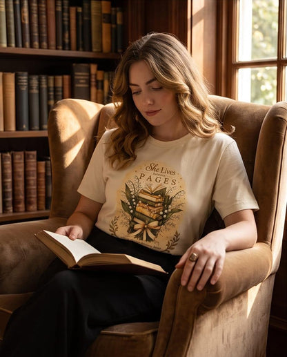 She Lives Between Pages T-Shirt | Bookish 280 GSM