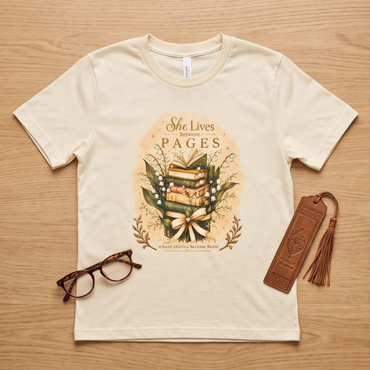 She Lives Between Pages T-Shirt | Bookish 280 GSM