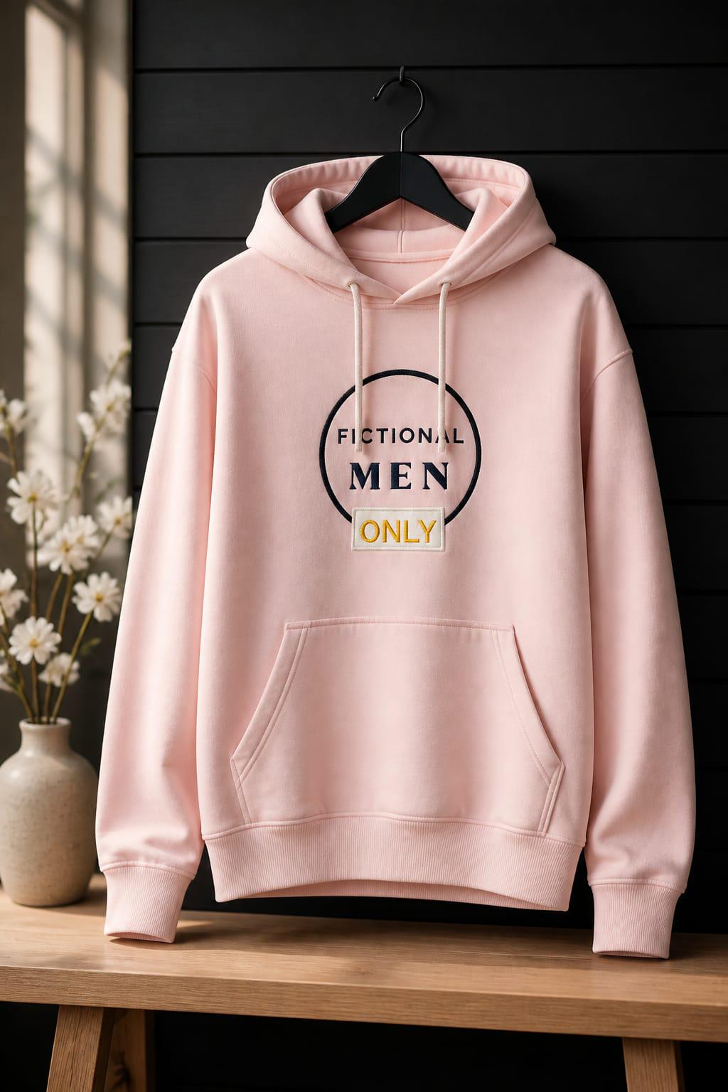 A light pink hooded sweatshirt featuring a dark blue circular graphic on the chest with the text FICTIONAL MEN in black and the word ONLY in yellow inside a rectangular box below the circle. The hoodie has long sleeves and a front pocket.