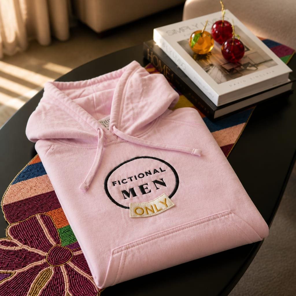 A light pink hooded sweatshirt featuring a dark blue embroidered circle with the text FICTIONAL MEN and a smaller rectangular patch below it with the text ONLY in gold lettering. The hoodie has a front kangaroo pocket and matching drawstrings.