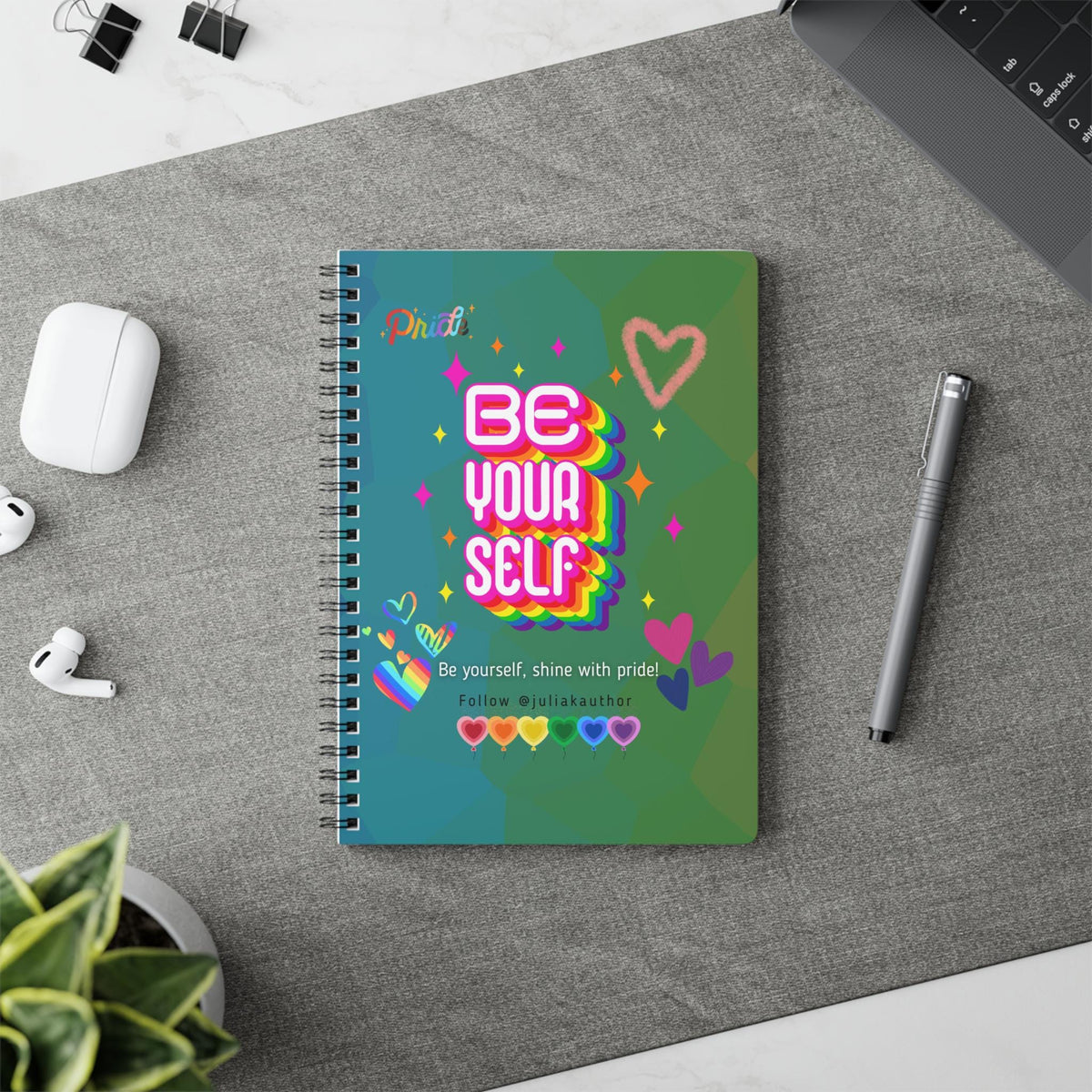Pride month notebook with rainbow typography and motivational Be Your Self design.
