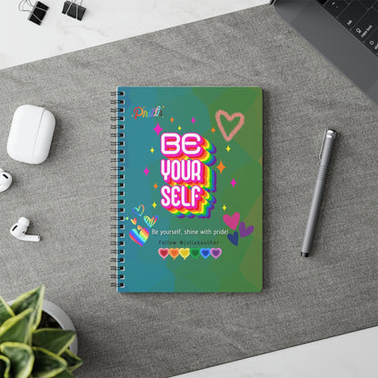 Pride month notebook with rainbow typography and motivational Be Your Self design.