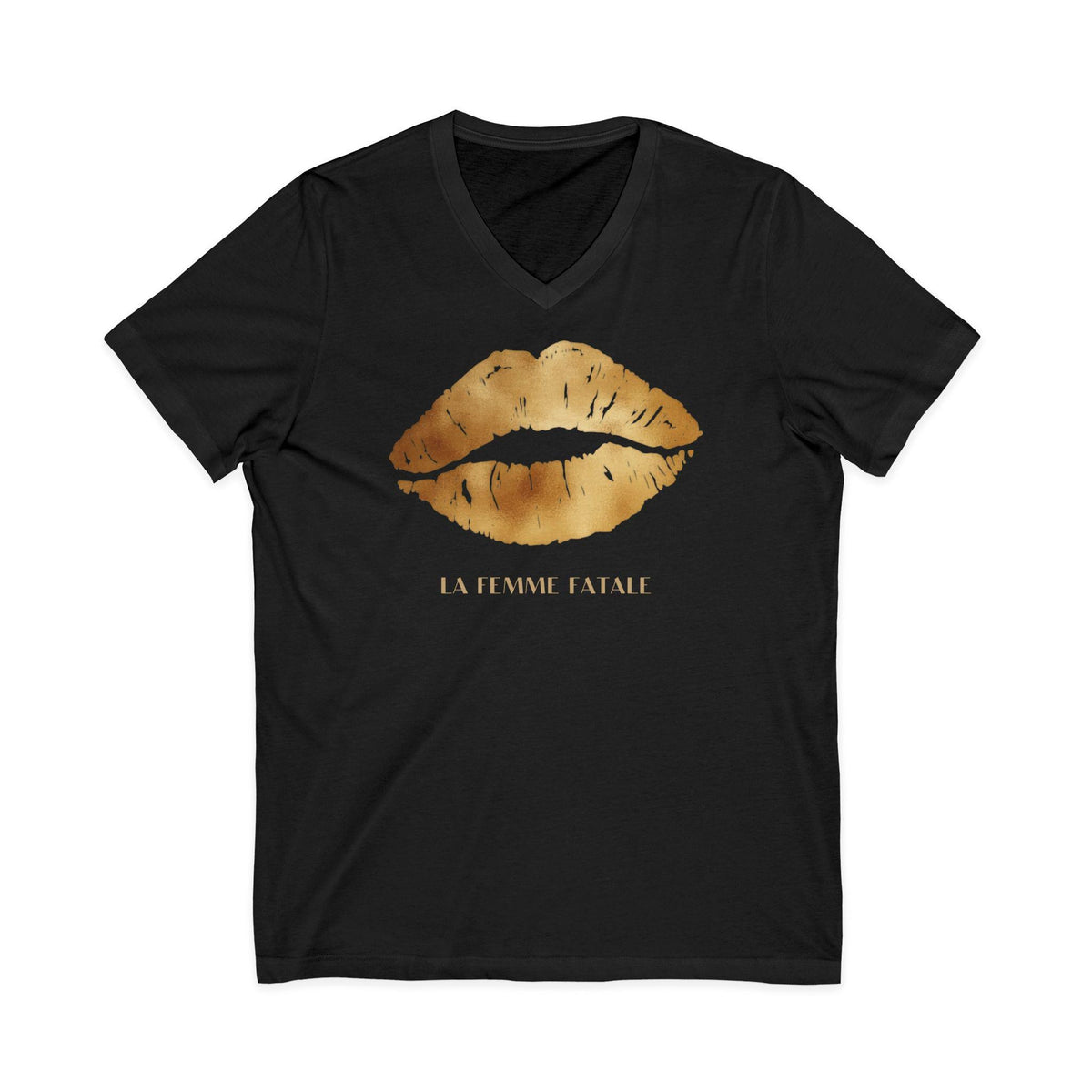 Gilded Kiss V-Neck T-Shirt | Metallic Gold Lip Print