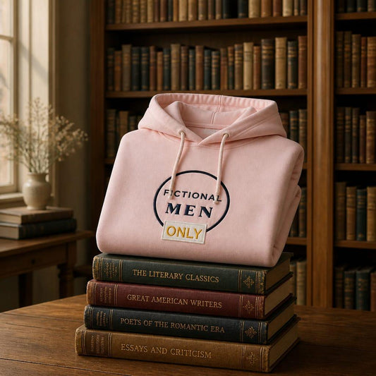 Pink book lover hoodie featuring the "Fictional Men Only" design, displayed on a stack of vintage books in a warm library setting. Cosy reading sweatshirt and thoughtful gift for romance readers and book enthusiasts.