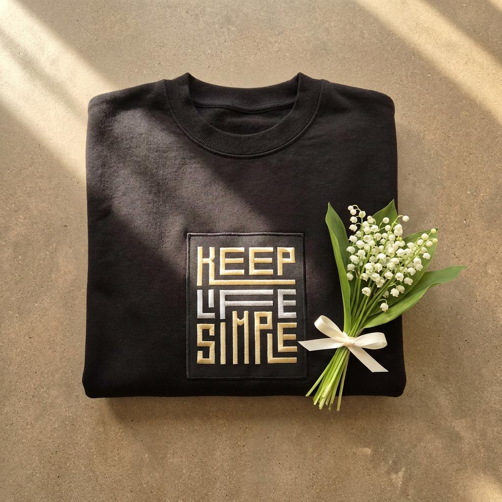 Black heavyweight sweatshirt on its own with bespoke KEEP LIFE SIMPLE embroidered patch in metallic gold and silver, folded on a concrete floor, with a delicate lily of the valley sprig on top of it.