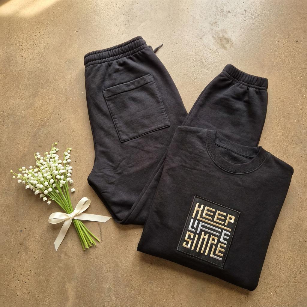 Detail of the black jogger back pocket from the KEEP LIFE SIMPLE matching set, showing the heavyweight fabric weight and the small embroidered patch accent in metallic gold and silver sweatshirt.