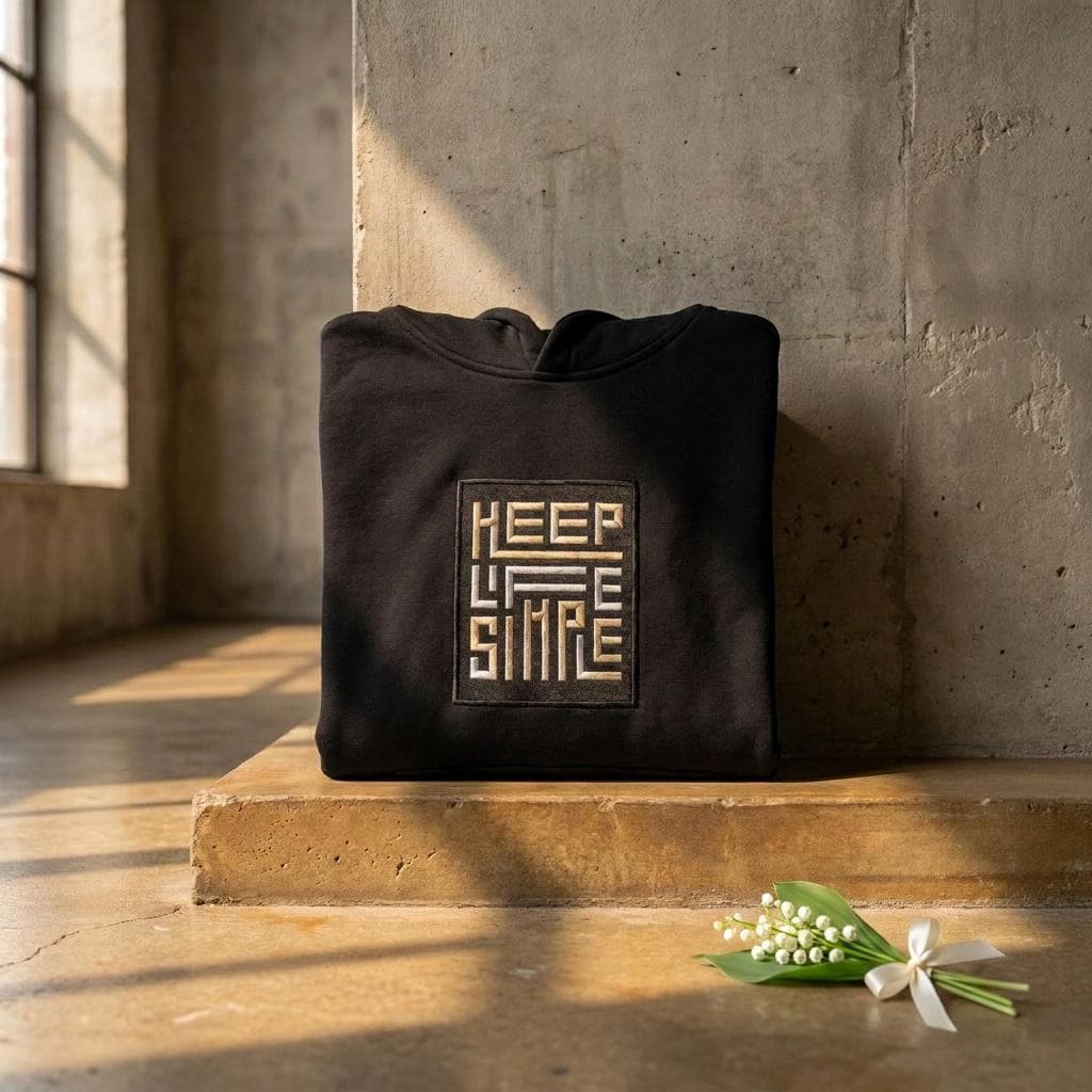 Black heavyweight KEEP LIFE SIMPLE hoodie by Eternal Light on a warm brown concrete shelf, showing the bespoke embroidered patch in metallic gold and silver, styled with a delicate lily of the valley sprig and cream ribbon.
