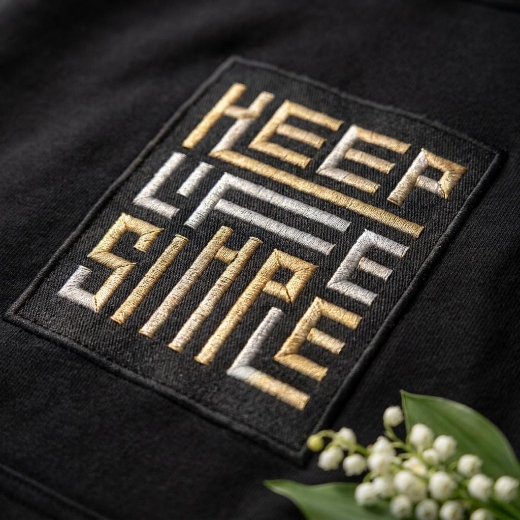 Macro close-up of the bespoke KEEP LIFE SIMPLE embroidered patch, showing the metallic gold and silver maze-style block lettering on black heavyweight hoodie fabric, with a soft lily of the valley sprig blurred in the foreground.