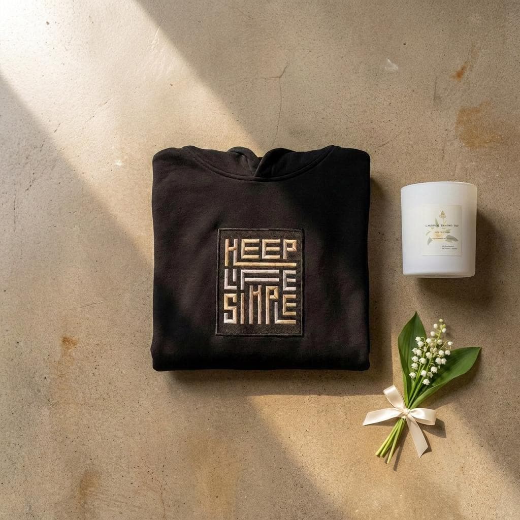 Black heavyweight KEEP LIFE SIMPLE hoodie by Eternal Light on a warm brown concrete shelf, showing the bespoke embroidered patch in metallic gold and silver, styled with one of our candles and a delicate lily of the valley sprig and cream ribbon.