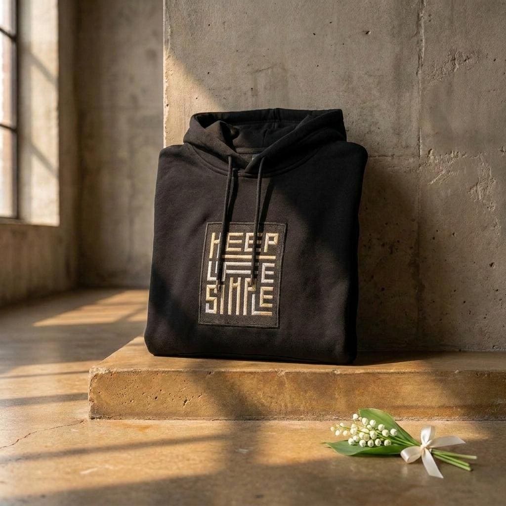 Black heavyweight KEEP LIFE SIMPLE hoodie by Eternal Light on a warm brown concrete shelf, showing the bespoke embroidered patch in metallic gold and silver, styled with a delicate lily of the valley sprig and cream ribbon.