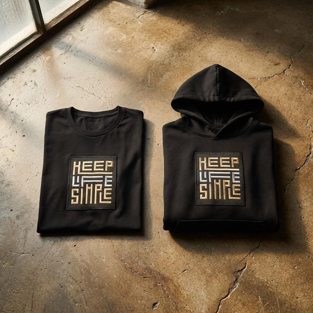 Bespoke KEEP LIFE SIMPLE embroidered hoodie and T shirt next to each other brown concrete floor,  showing the metallic gold and silver maze-style block lettering on black heavyweight hoodie and T shirt fabric.