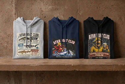 Three Afan Boat Club hoodies side by side, Light Marl Grey, Navy Blue and Black, showing the range of colours available.