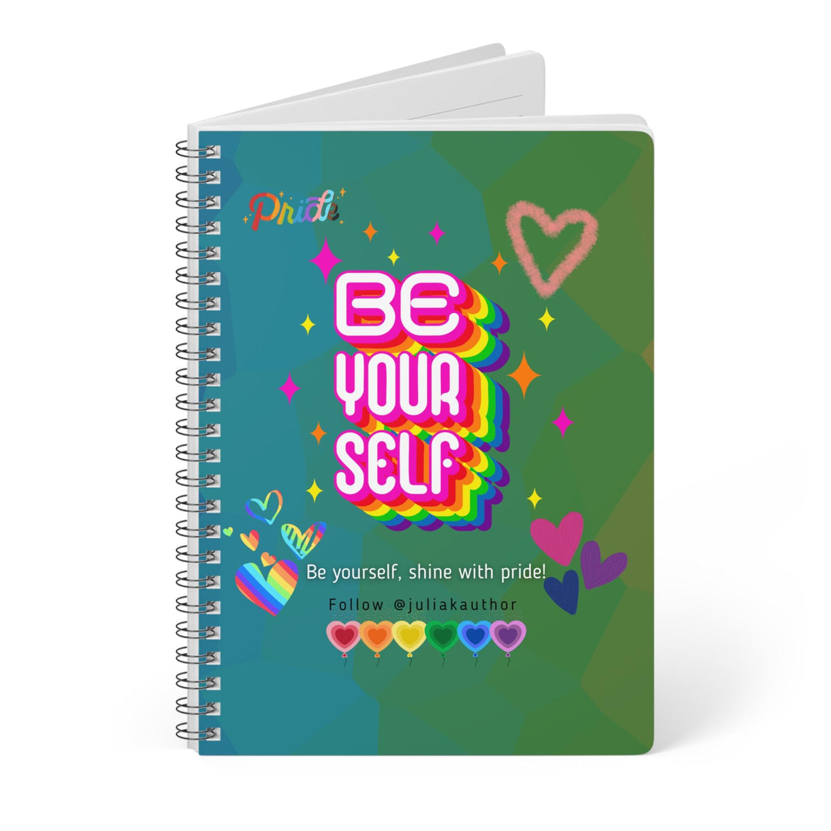 Spiral-bound notebook with a colorful cover. Bright rainbow aesthetic journal cover celebrating Pride, individuality, and self-expression, featuring the Instagram handle @juliakauthor.
