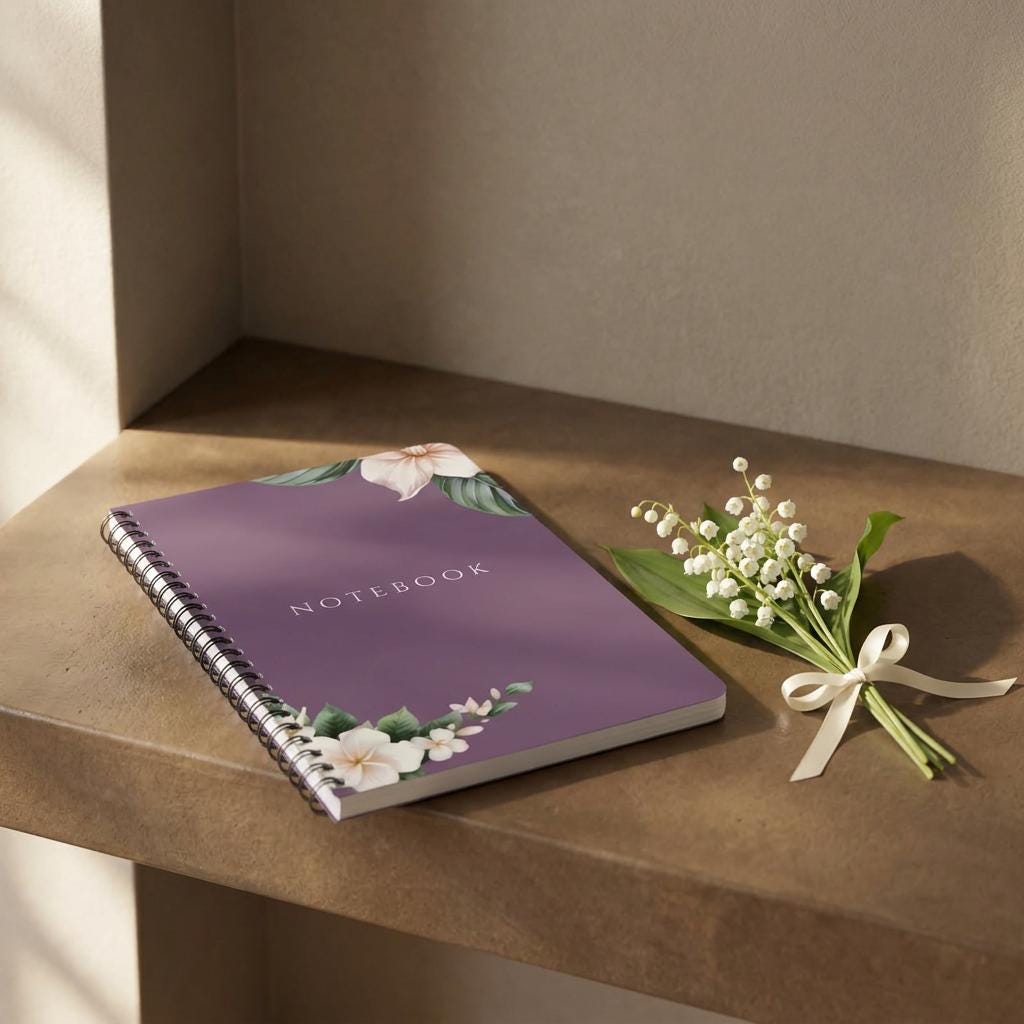 Main product photo of the Eternal Light A5 purple spiral notebook featuring white floral corner illustrations. The word NOTEBOOK is printed in white capital letters in the center, styled on a stone shelf next to a small bouquet of white Lily of the Valley flowers tied with a thin cream ribbon.