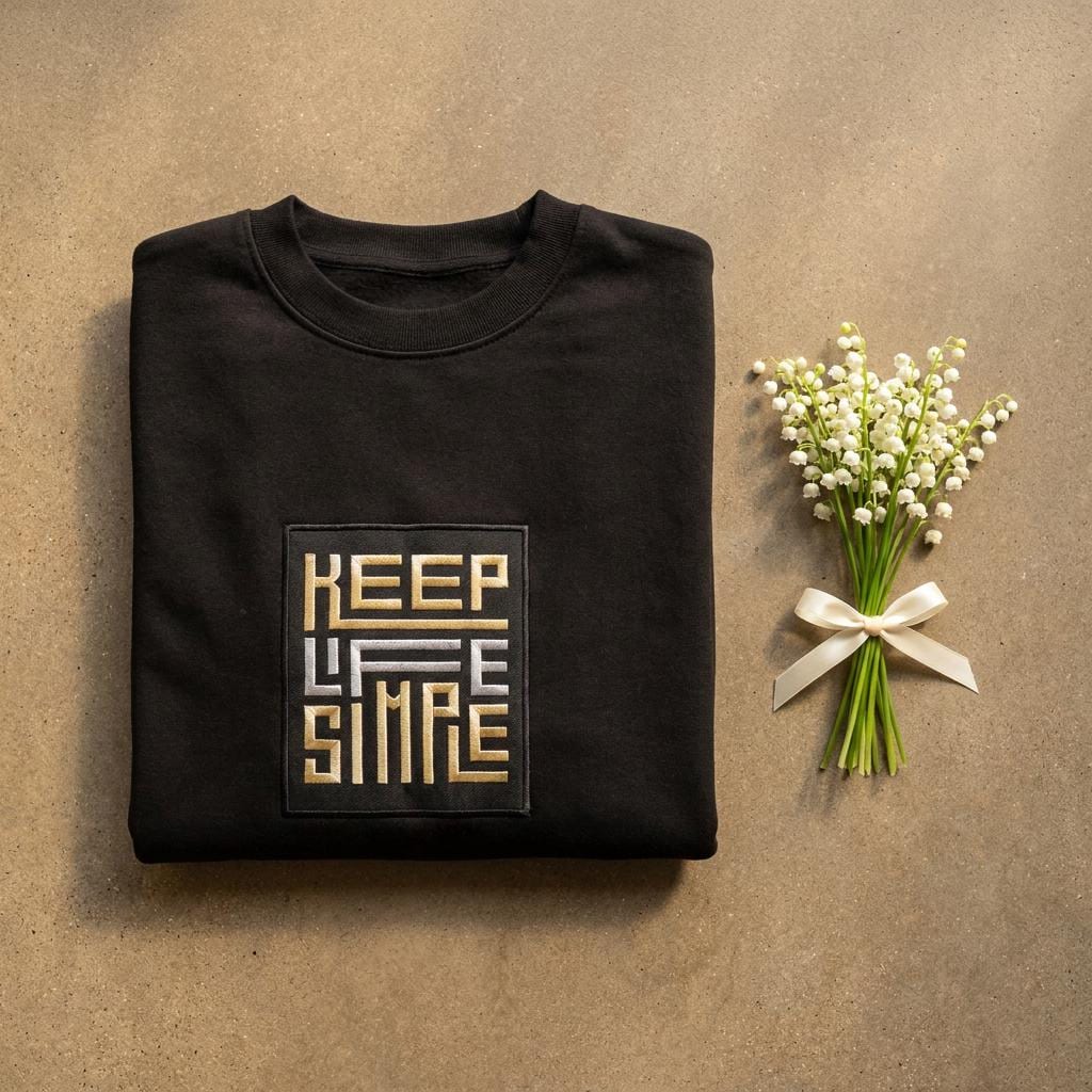 Black heavyweight sweatshirt with bespoke KEEP LIFE SIMPLE embroidered patch in metallic gold and silver, folded on a concrete floor,  beside a delicate lily of the valley sprig.