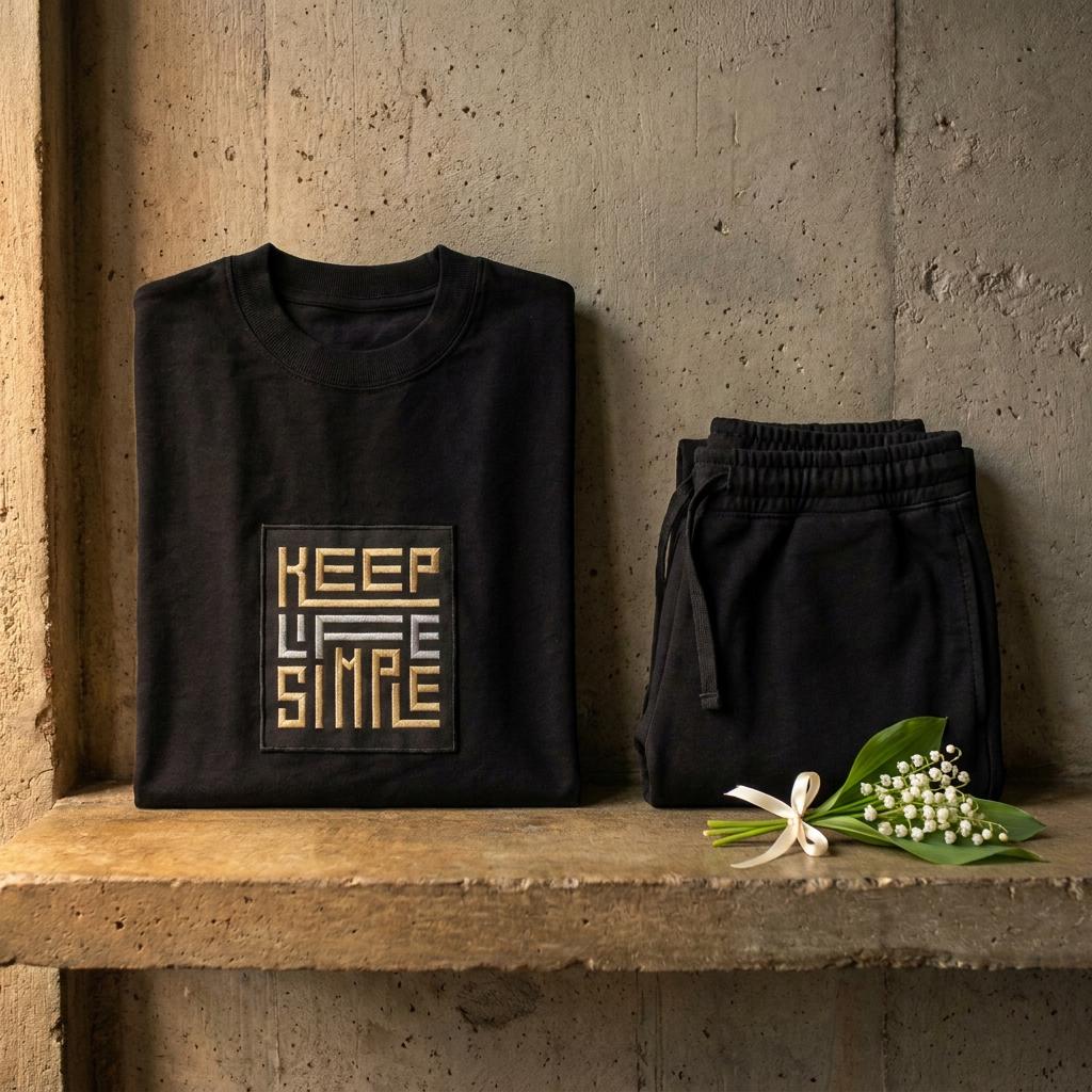 Matching black heavyweight sweatshirt and jogger set with bespoke KEEP LIFE SIMPLE embroidered patch in metallic gold and silver, folded on a concrete shelf beside a delicate lily of the valley sprig.