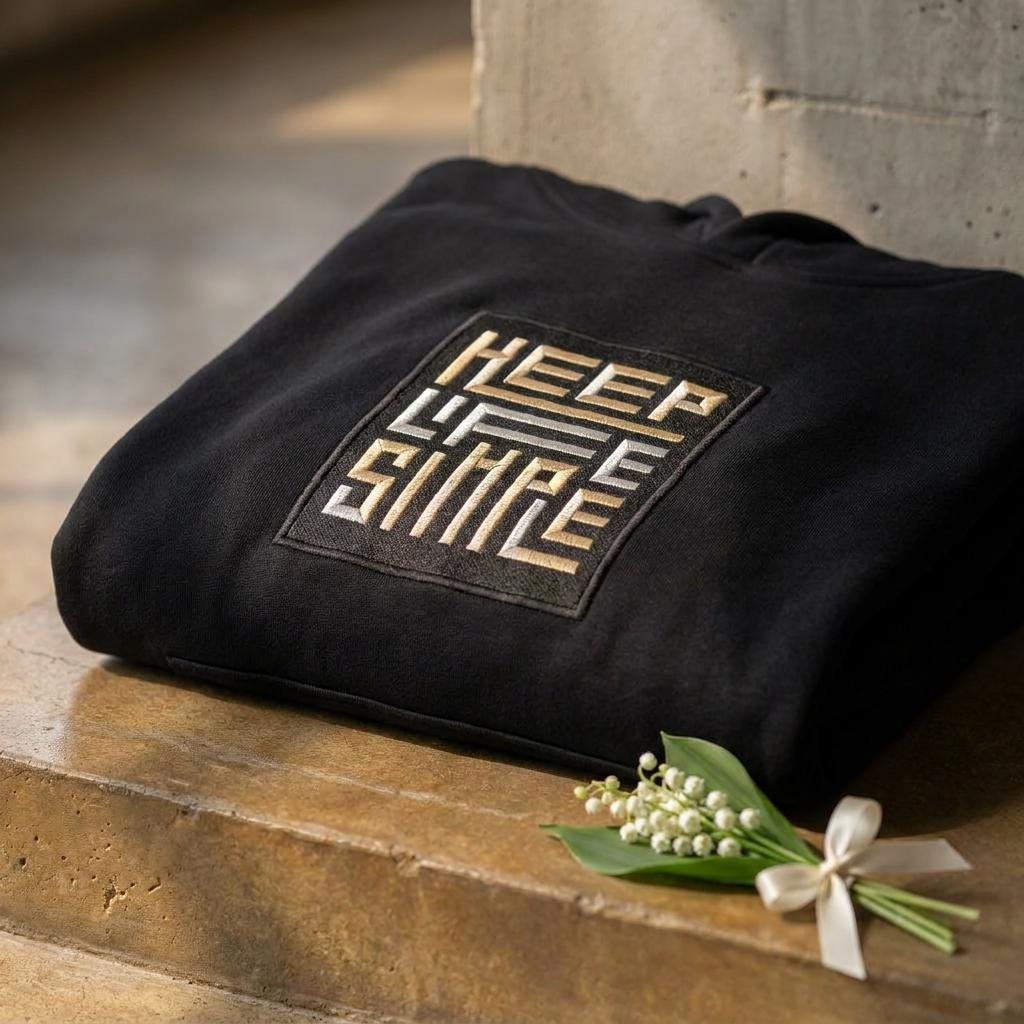 Black heavyweight KEEP LIFE SIMPLE hoodie by Eternal Light on a warm brown concrete shelf, showing the bespoke embroidered patch in metallic gold and silver, styled with a delicate lily of the valley sprig and cream ribbon.