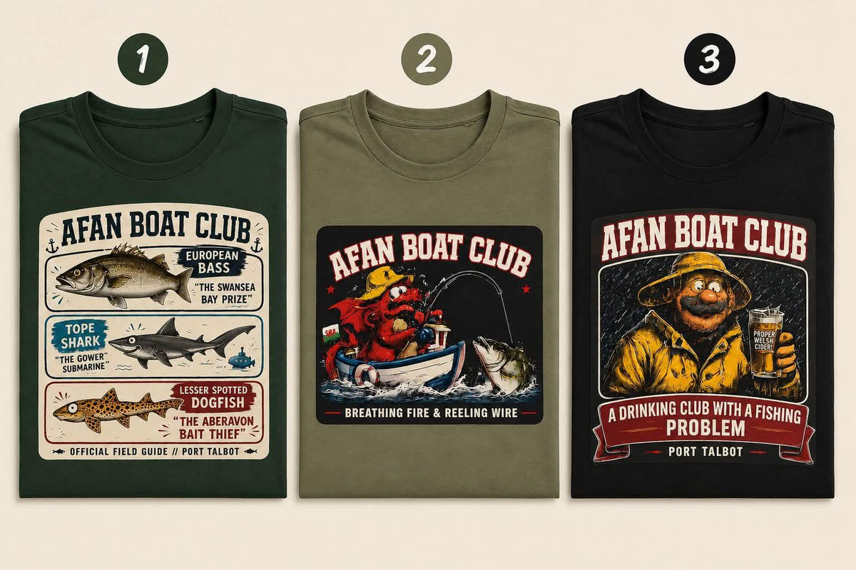 Three Afan Boat Club prints side by side, showing the designs 1, 2 and 3.