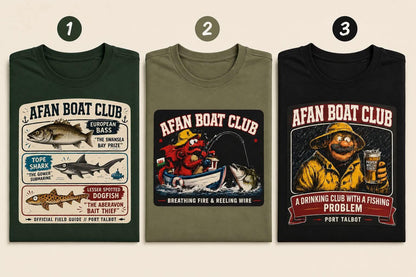 Three Afan Boat Club prints side by side, showing the designs 1, 2 and 3.