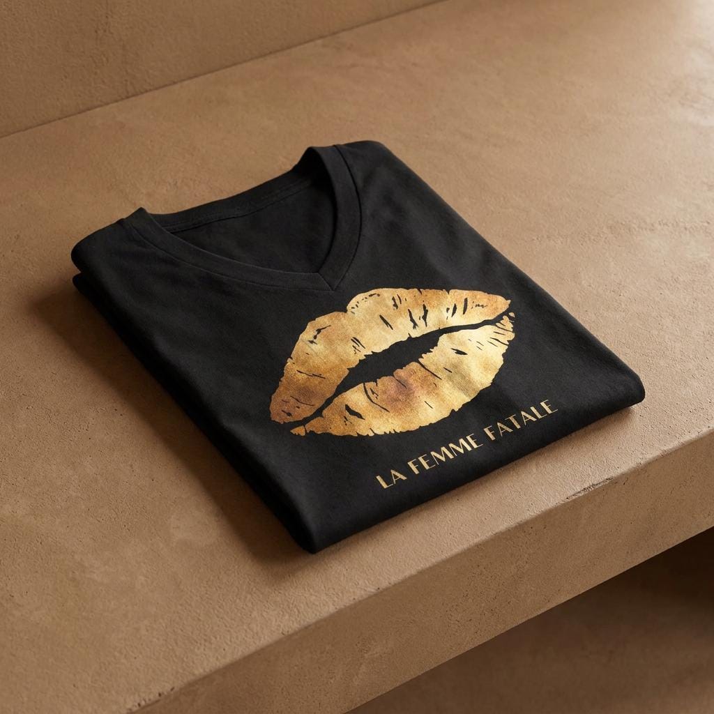 Gilded Kiss V-Neck T-Shirt | Metallic Gold Lip Print