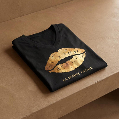 Gilded Kiss V-Neck T-Shirt | Metallic Gold Lip Print