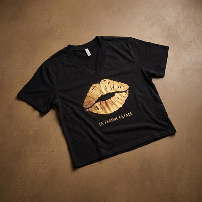 Gilded Kiss V-Neck T-Shirt | Metallic Gold Lip Print