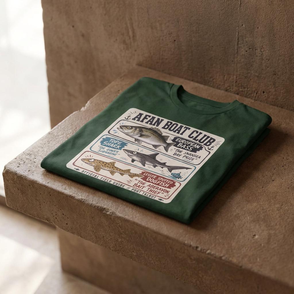 Bottle green Afan Boat Club Field Guide tee flat lay, bass tope and dogfish illustrated field guide print across chest.
