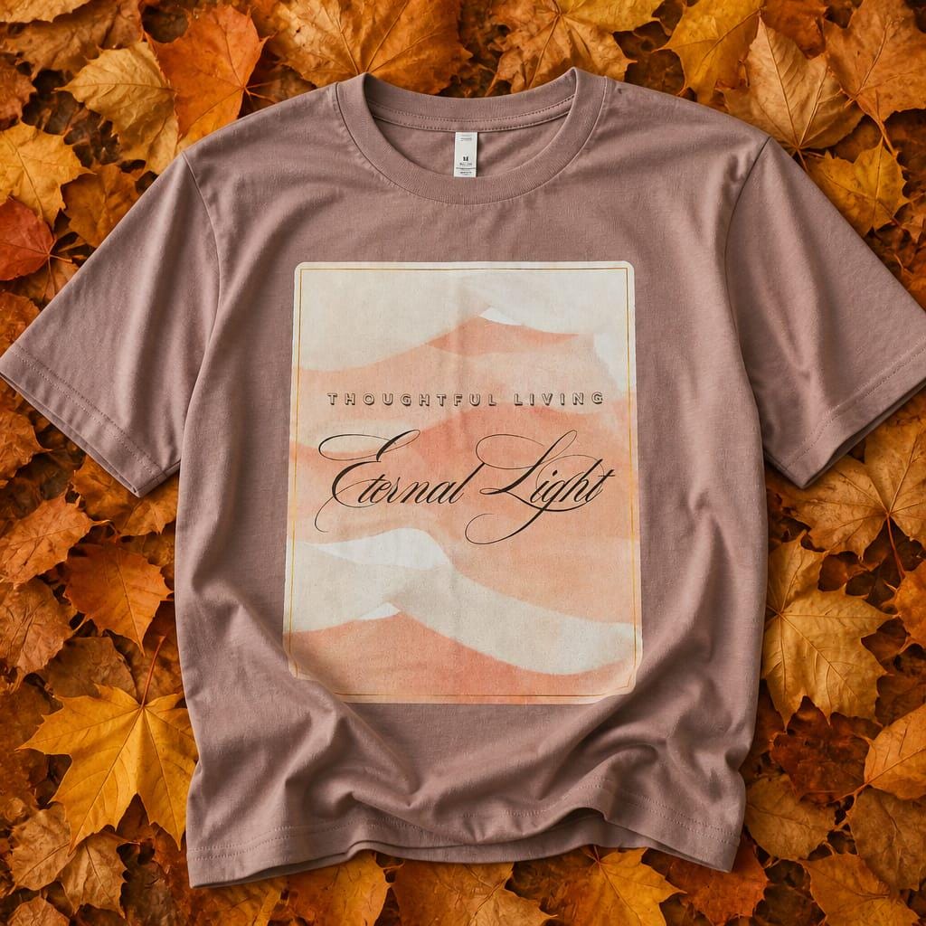 Flatlay product photo of the Eternal Light Hazy Pink graphic t-shirt laid completely flat on a dense bed of golden orange autumn maple leaves. The tee displays a crisp, full view of the central pastel watercolour Thoughtful Living design with its elegant cursive script.